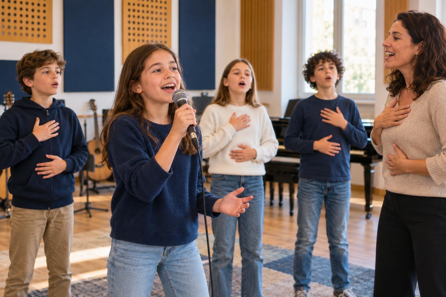 Bambini durante una lezione di canto con la docente