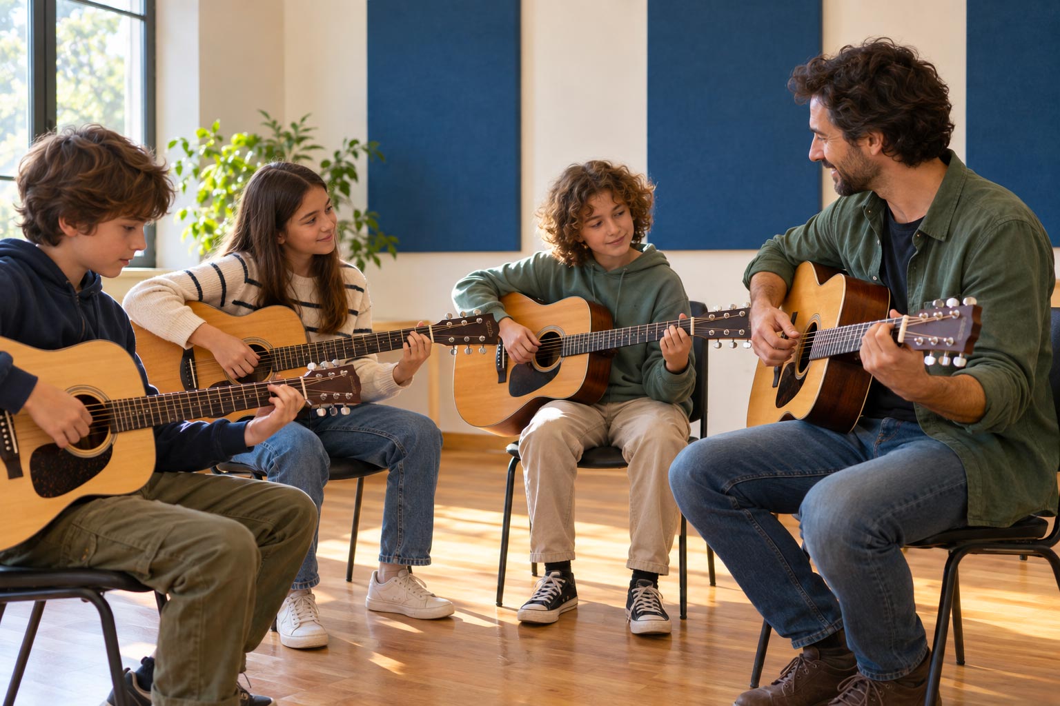 Bambini durante una lezione di chitarra in gruppo
