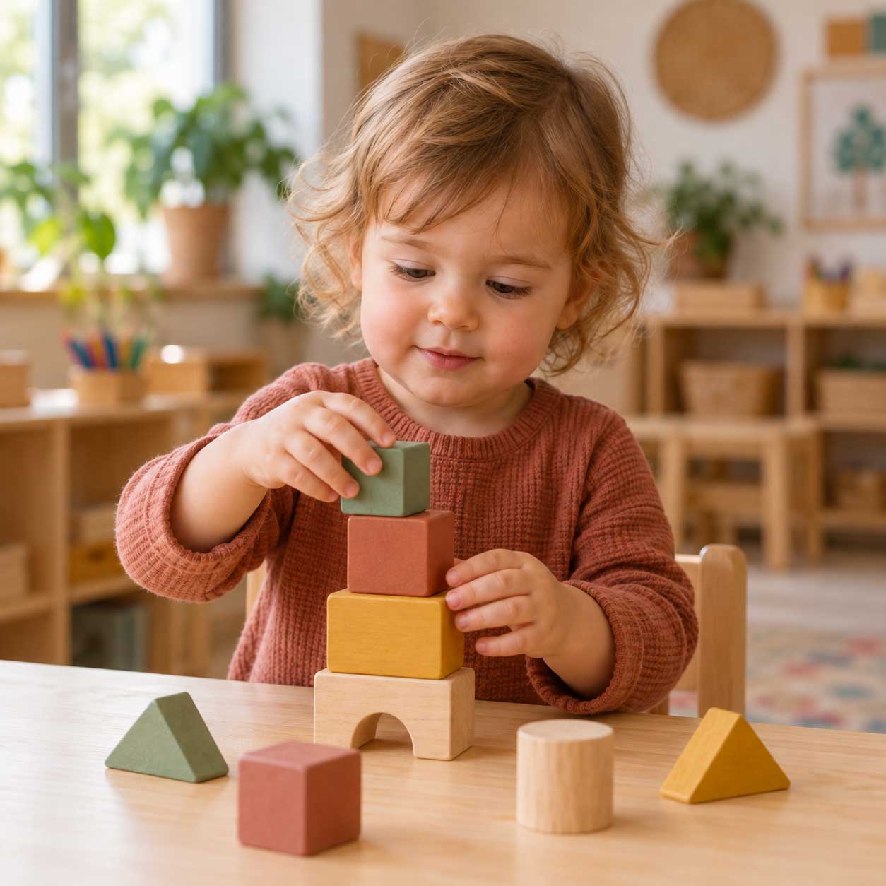 Bambino del Nido impegnato in un&rsquo;attivit&agrave; con costruzioni