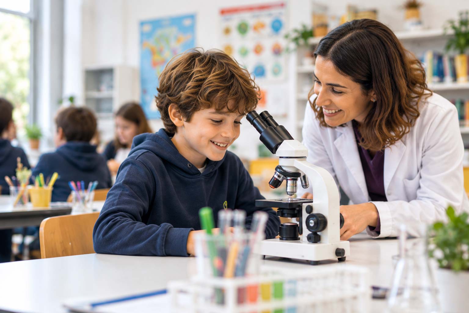 Un alunno scopre il laboratorio scientifico insieme a un&rsquo;insegnante