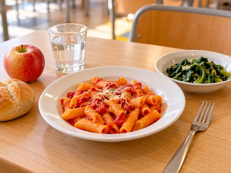 Pasta al pomodoro, verdure cotte, pane, mela e acqua su un tavolo di mensa scolastica