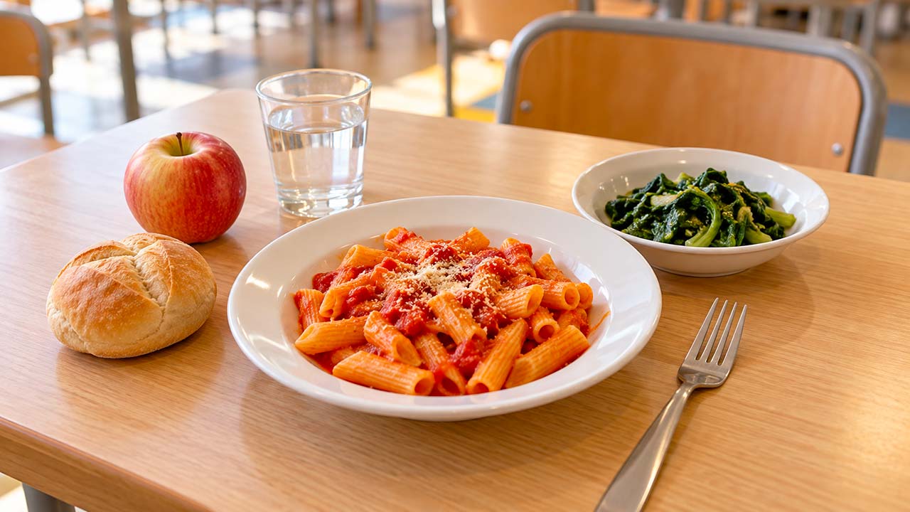 Pasta al pomodoro, verdure cotte, pane, mela e acqua su un tavolo di mensa scolastica