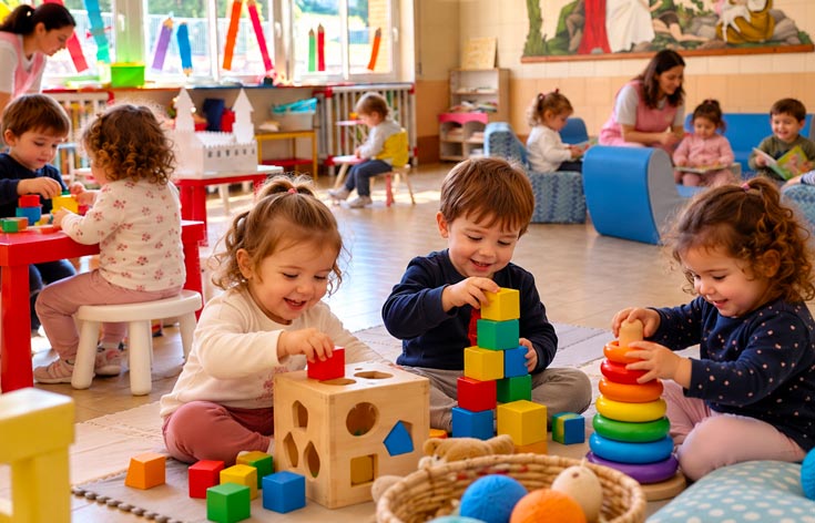 Bambini giocano con costruzioni e forme colorate all’asilo nido dell’Istituto San Giuseppe