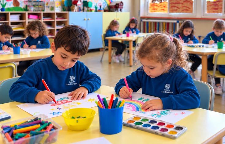 Bambini disegnano e colorano ai tavoli della scuola dell’infanzia dell’Istituto San Giuseppe