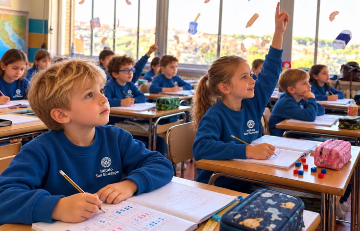 Alunni della scuola primaria in classe, con una bambina che alza la mano durante la lezione